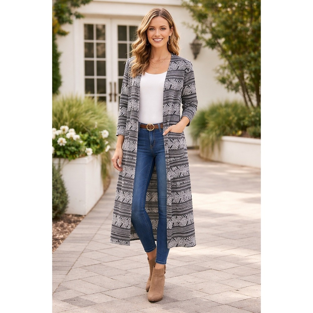LuLaRoe Joy Duster Cardigan Sm Gray White Geometric Tribal Longline Open Front